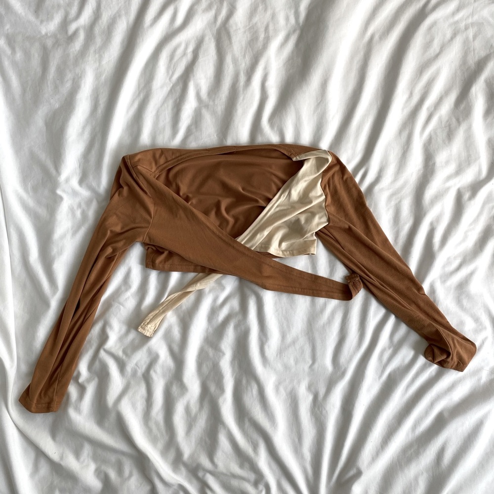 brown and cream front tie crop